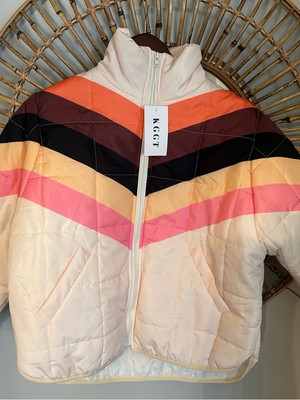 Cream Chevron Colorblock Puffer Jacket - Picture 2 of 3